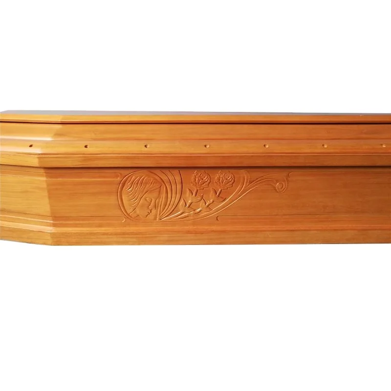 Exported Chinese Top Quality  High Gloss Almond Velvet Funeral Fine Solid Wooden Casket