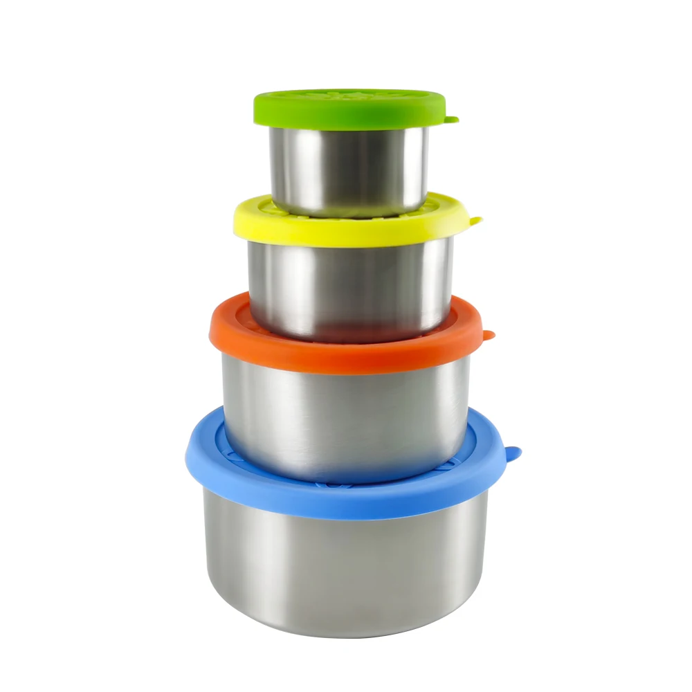 IKITCHEN Steel Little lunch box kids Organizer Box Silicone Eco-Friendly Safe BPA-Free stainless steel round container wtih lid