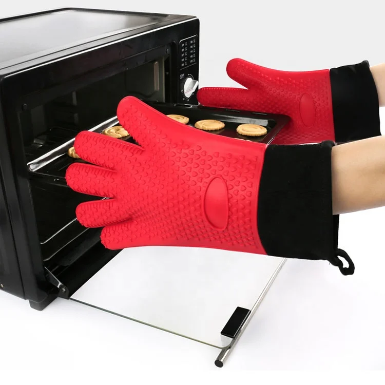 Silicone Extra Long Kitchen Oven Mitt Heat Resistant Silicone Baking Cooking BBQ Gloves with Cotton Lining