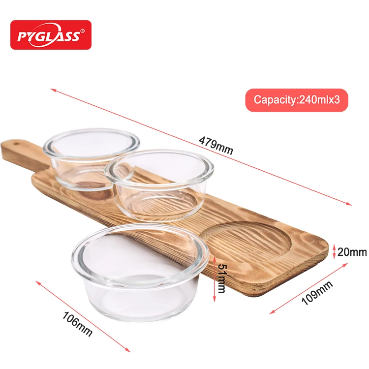 Three sets of mini round glass food storage containers with lids ,Glass food container with pine tray