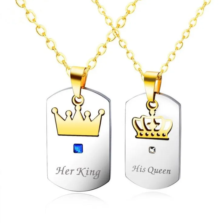 Black Gold Stainless Steel Unisex King & Queen Necklace His Queen and Her King Pendant for Children