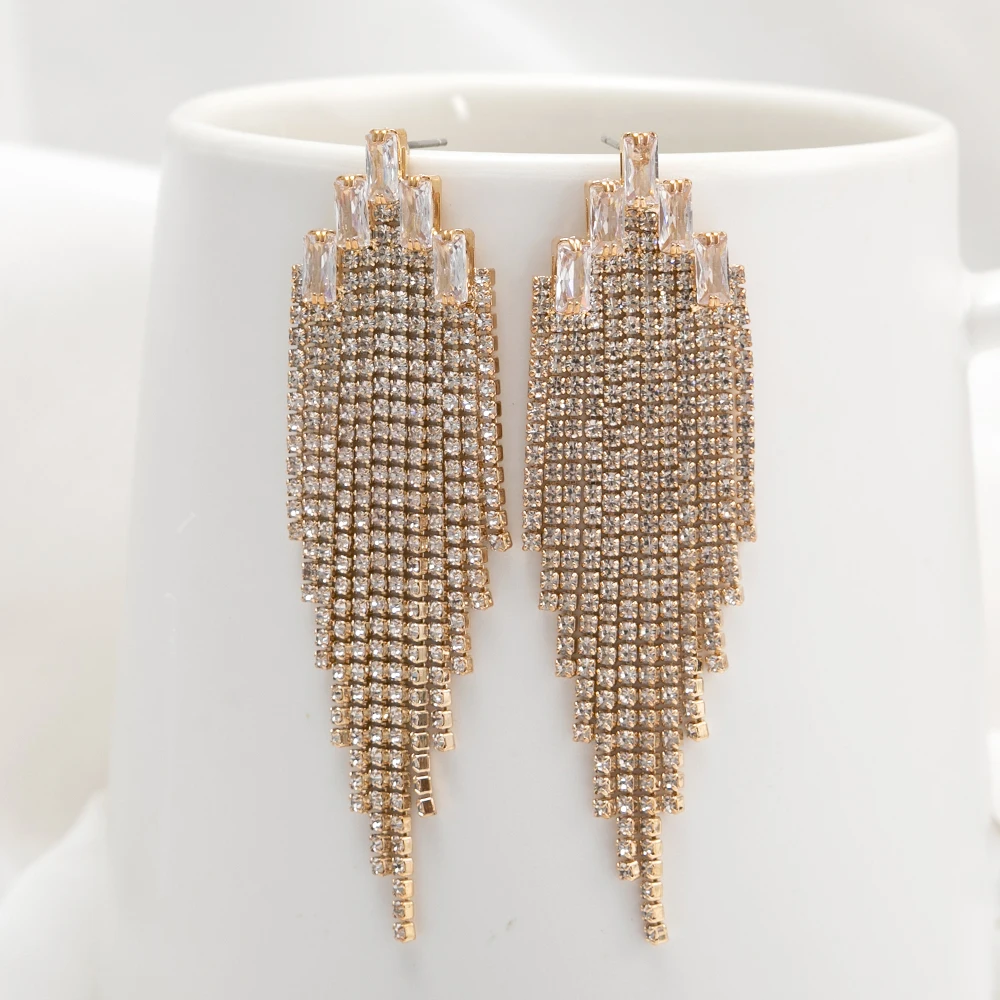 Manufacturer Jewelry Crystal Rhinestone Tassel Fringe Small Gold Elegant Zircon Stone Earrings Gold Plate Women 2022 Trendy