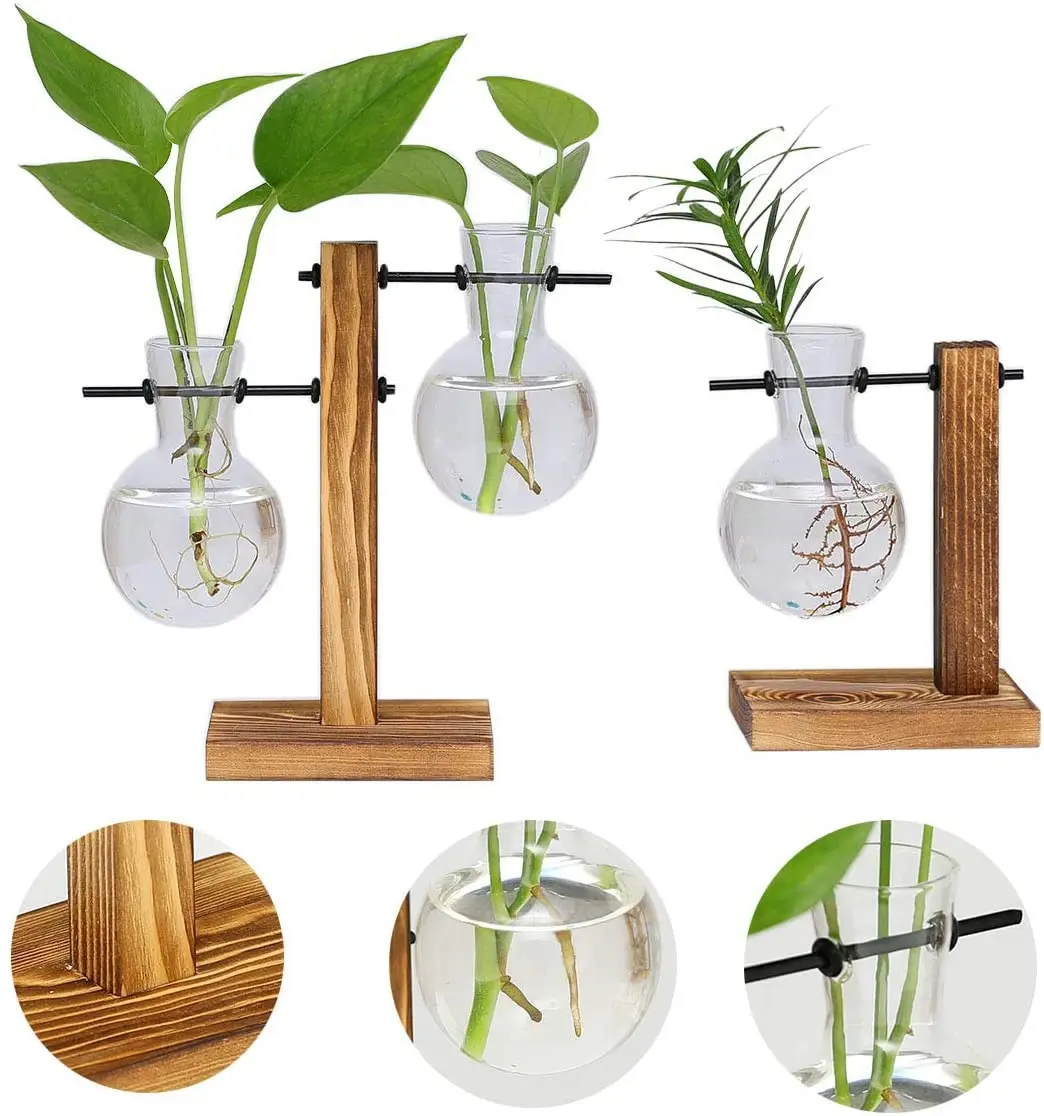 2 Pack Plant Terrarium with Wooden Stand Air Planter Bulb Glass Vase Propogation Station for Hydroponics Plants Home Garden Offi