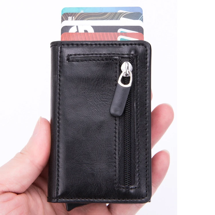 Credit Card Holder RFID Blocking Leather Automatic Pop Up Wallet Aluminum Slim Pocket Bifold Business Card Case