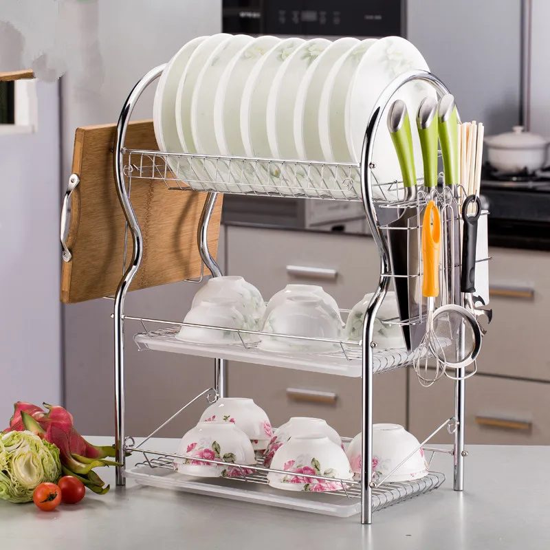 Three-layer B-shaped dish drain rack function dish insert knife cutting board rack kitchen storage rack