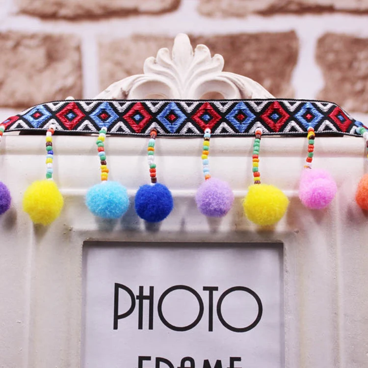 Hot Selling Colorful Wool Ball Lace Diy Handmade Nailed Beads National Style Ribbon Curtain Tassel Lace