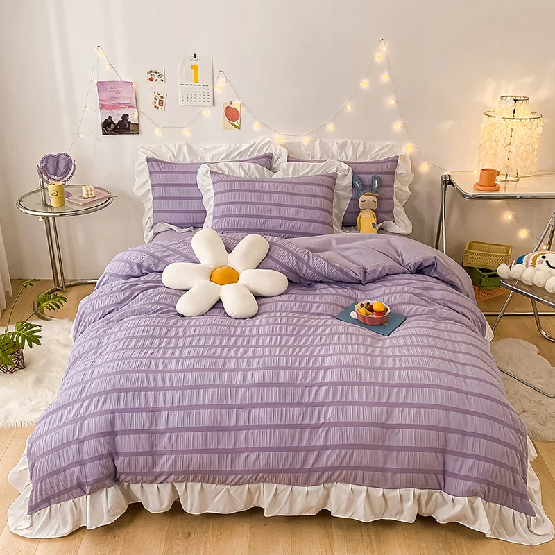 Factory direct sales fresh and cute wind pure lover seersucker lace four-piece bed set