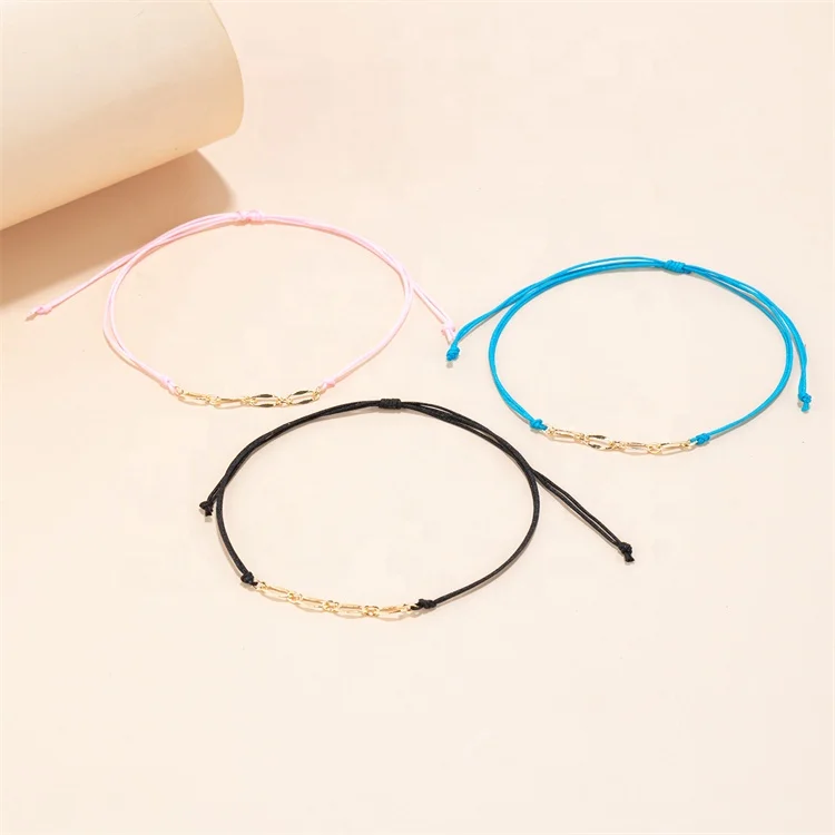 Custom Colorful Design Adjustable Gold Plated Waxed Thread Bracelets 3 Pieces/Set For Lady Girl