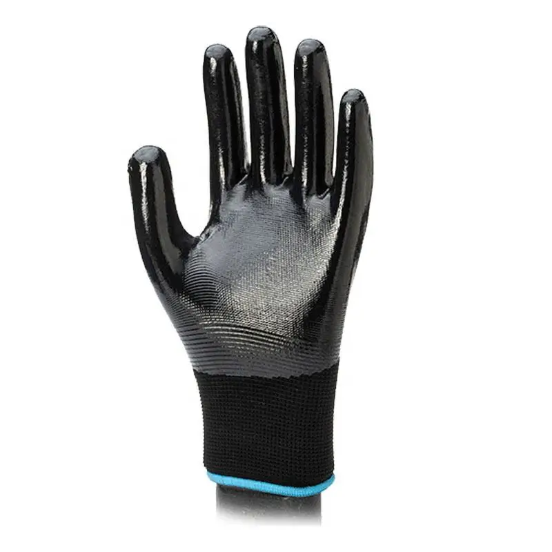 Thirteen gauge white polyester fiber lined with black nitrile or latex  fulli-covered protective gloves