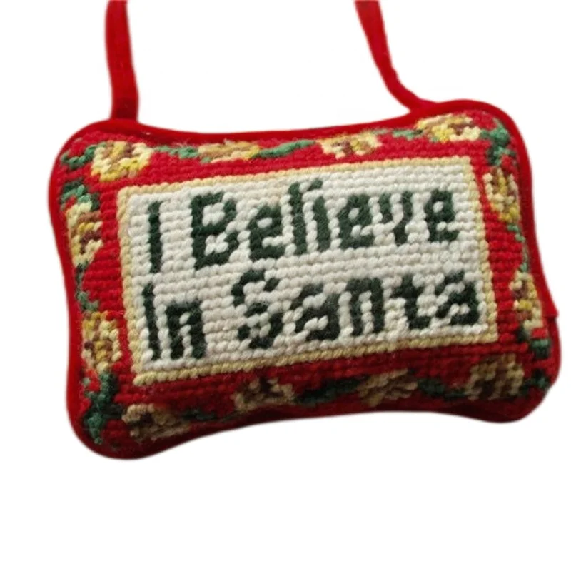 Small Needlepoint PILLOW - I Believe In Santa, Jingle Bells, Door Hanger, Vintage Sign