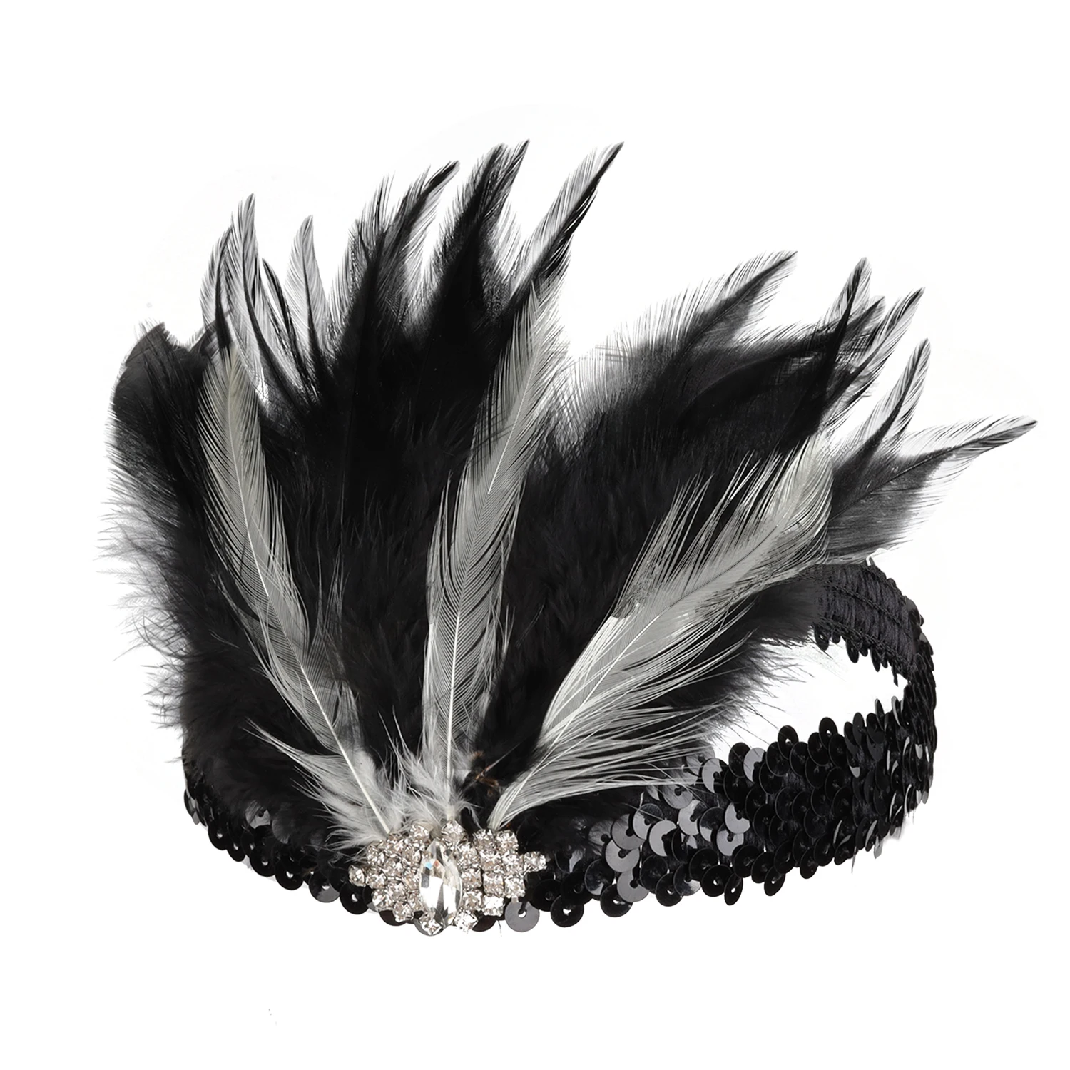 Women Feather Headband with Rhinestone Tassel 1920 Gatsby Flapper Girl Vintage Hair Band Showgirl Crystal Party Queen Headpiece