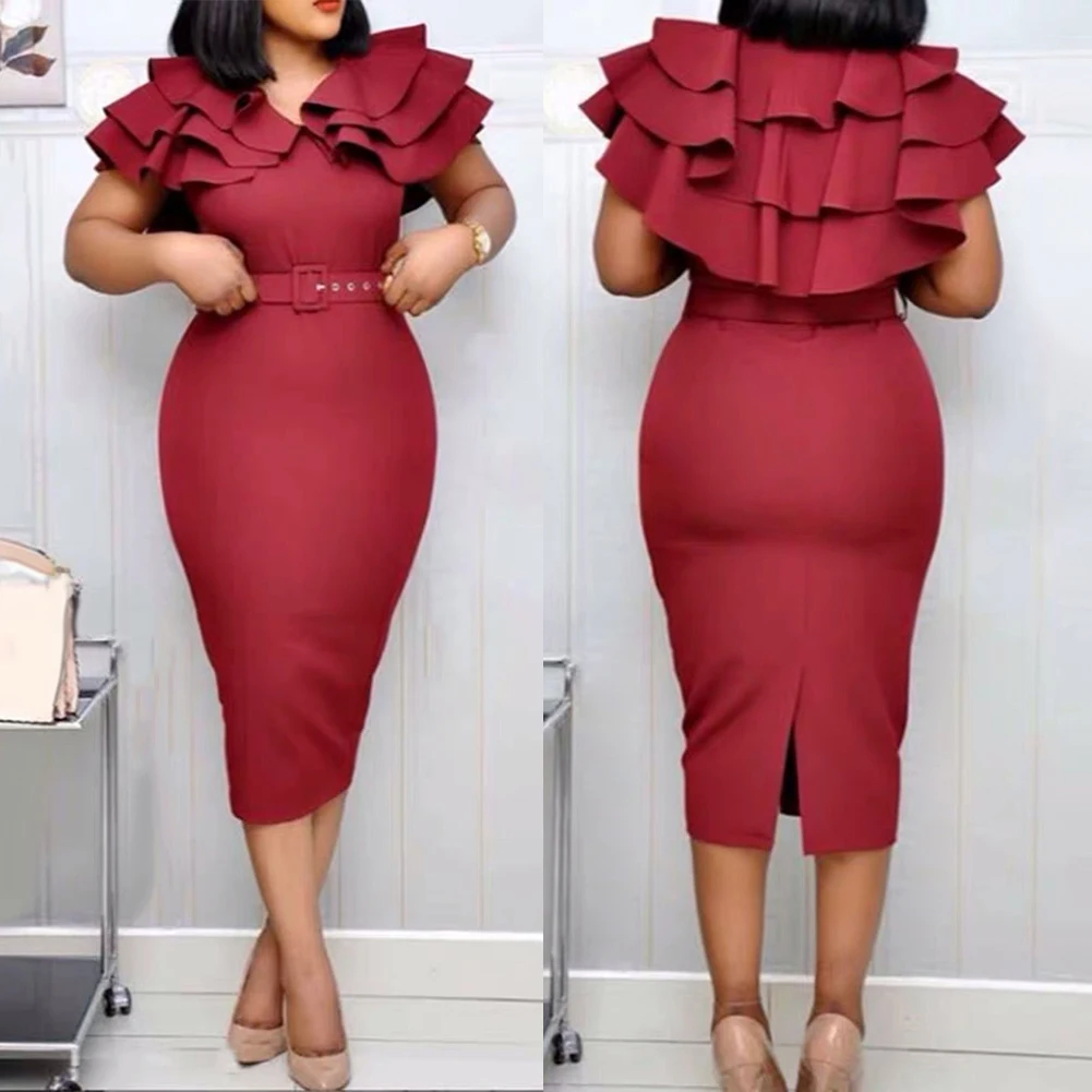 Модные женские платья, лето 2022, однотонное женское платье с V-образным вырезом, Короткое облегающее платье миди с оборками на рукавах и поясом, новинка, платья, платье