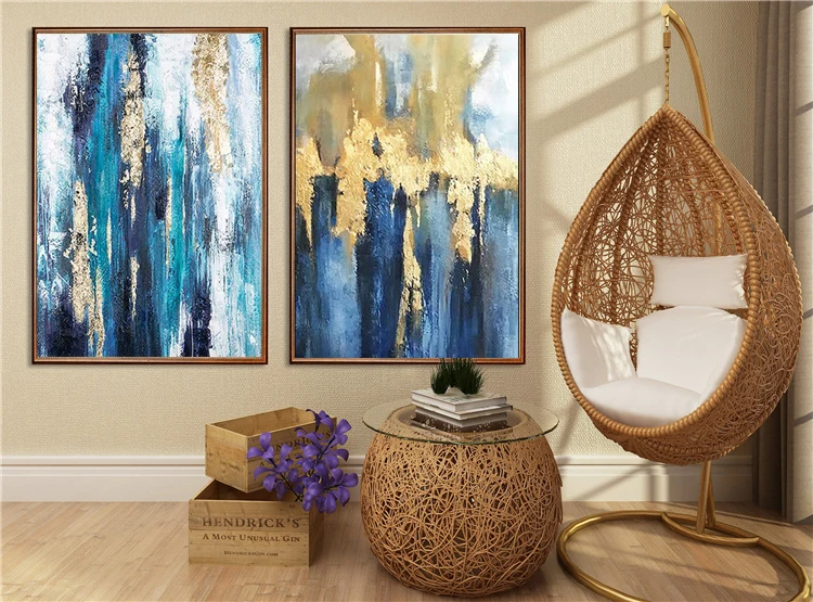 
100% handpainted abstract modern oil painting on canvas grey blue gold foil artwork wall art for home hotel decora wholesaler 