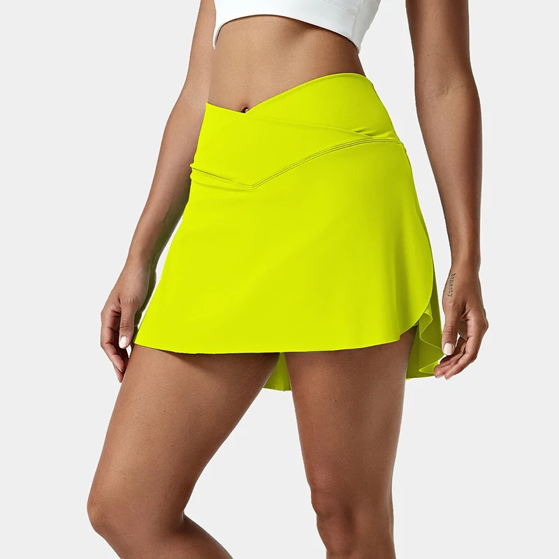 OEM New Design Wholesale Women Slim Fit Breathable Solid Dress Everyday Crossover Side Pocket 2-in-1 Tennis Skirt-Lucid