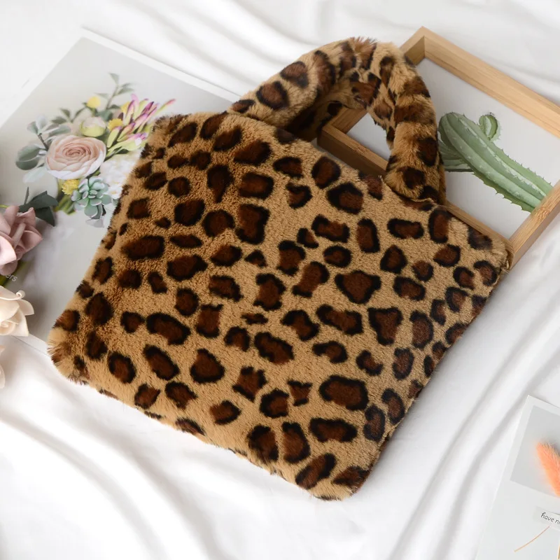 Winter Fashion fur Leopard Print Handbag Designer Women Plush Chain Shoulder Bags