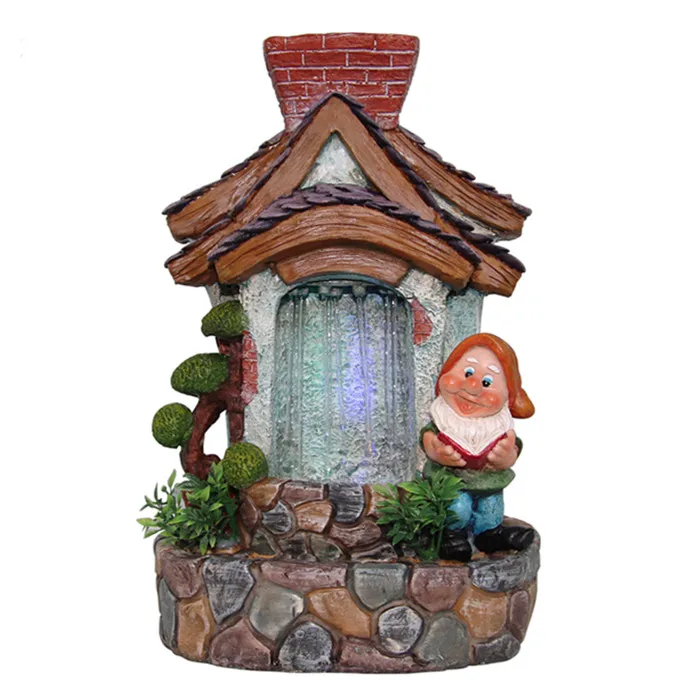Table Top Resin Gnome House With Light Water Fountain Indoor Decor