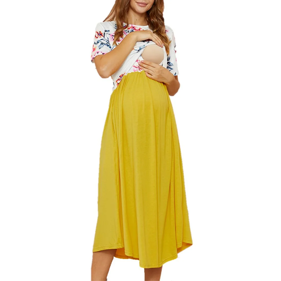 Summer hot selling contrast color maternity dress print short-sleeved loose nursing dress breastfeeding clothes women 2021