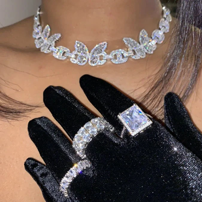 Iced out bling rectangle cz paved ice girl women hip hop H chain ice out butterfly necklace