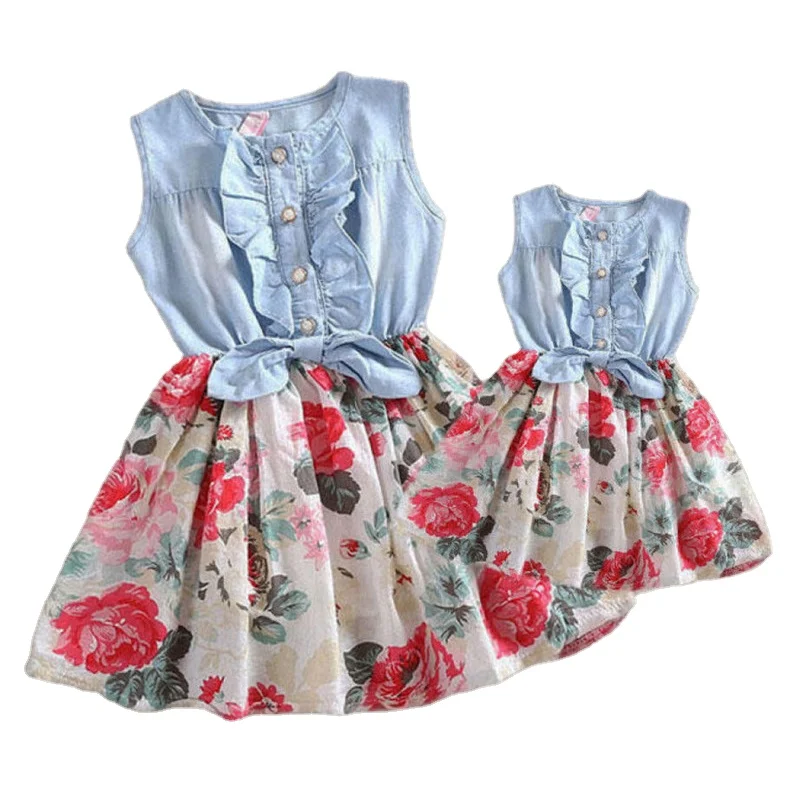 
Summer Mother and Daughter Dresses Family Matching Clothes Women Kids Girl Ruffles Sleeveless Floral Dress Elegant Flower Outfit 