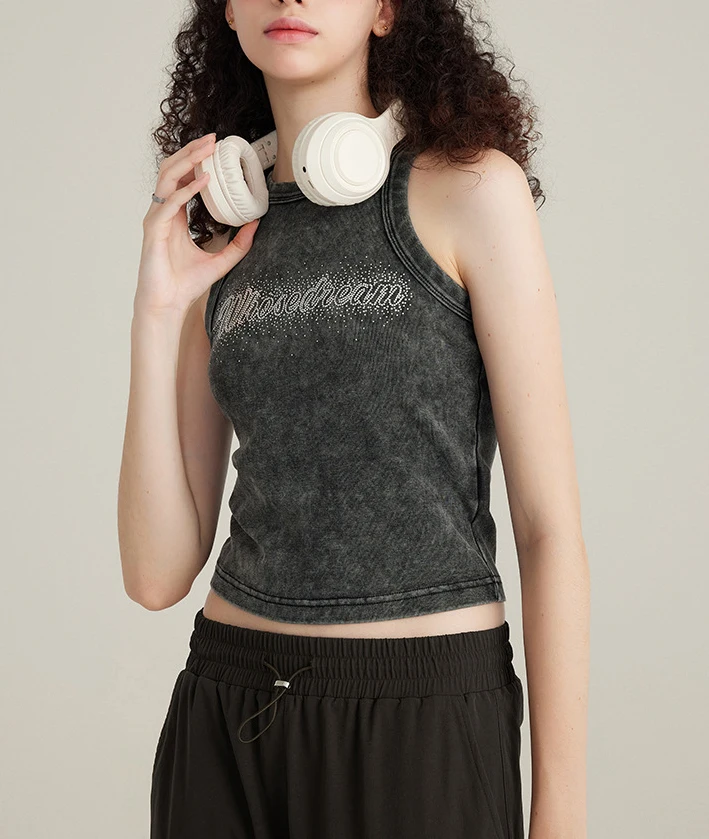 High quality Rhinestone Racer back Vest 100% Organic Cotton Sleeveless tshirt Vintage Washed Tank Top for Woman