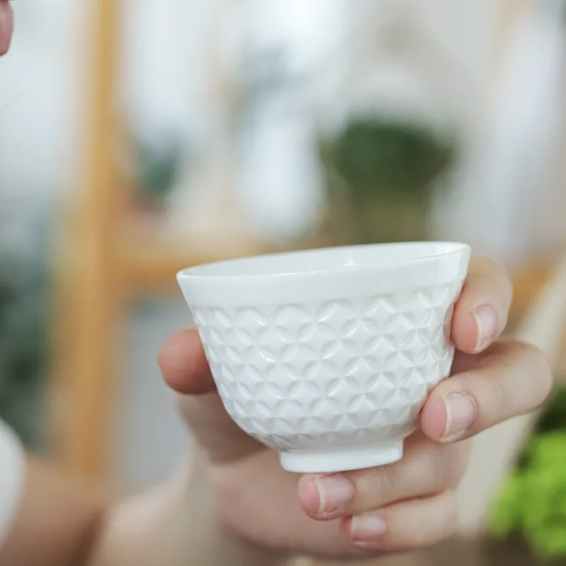  Wholesale Eco-friendly Stocked Chinese Glazed Porcelain Small Cup Relief Bone china White Ceramic