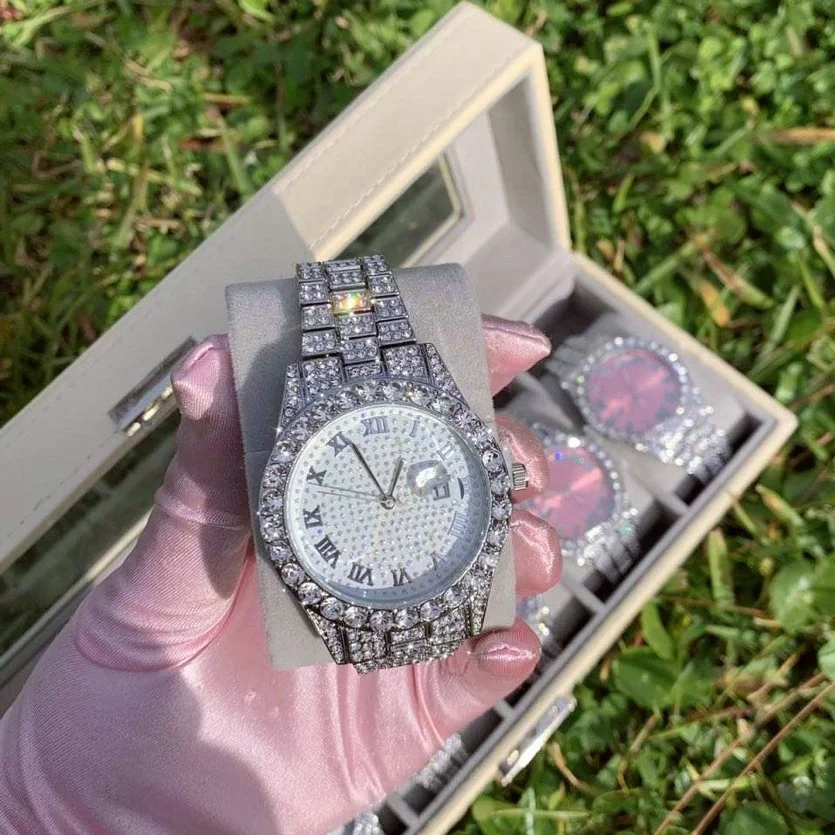 ICY GRL Bling Rhinestone Luxury Fashion Silver Fully Iced Out Ladies Bracelets Watches Diamond Quartz Bust Down Watches Girls