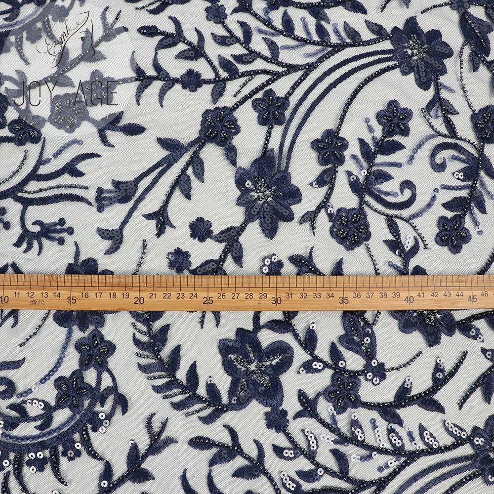 Wholesale 2021 French Women Evening Dresses Blue Mesh Embroidery Flowers Tulle Heavy Beaded Lace Fabric With Sequence Sequin