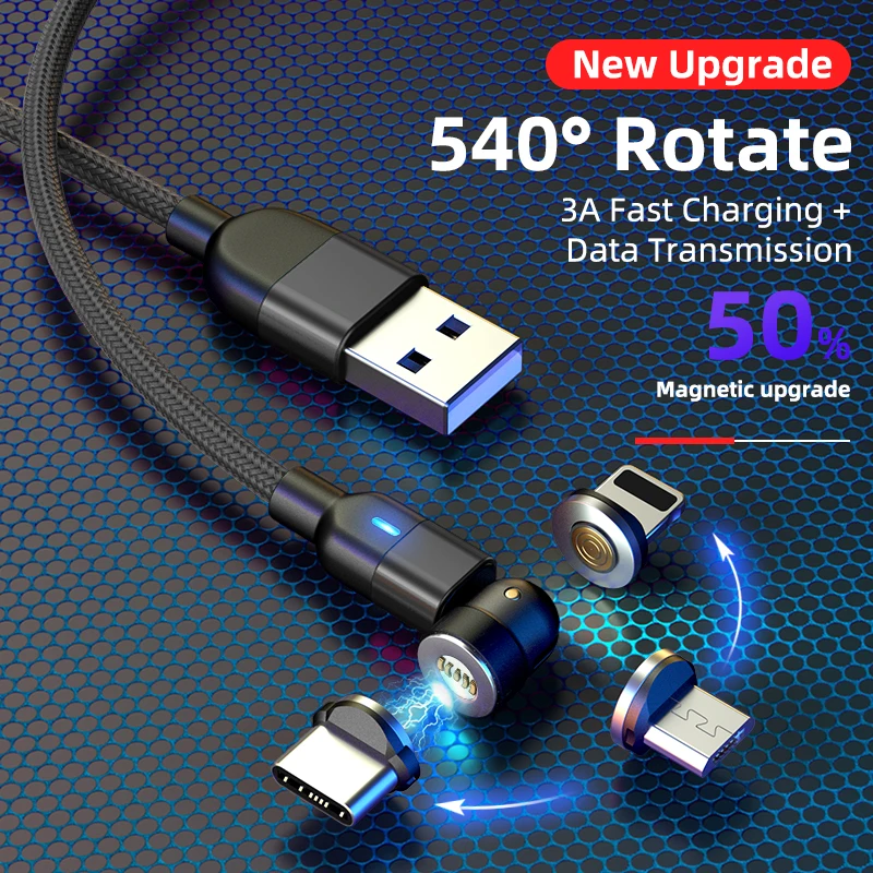 Магнитный USB-кабель 3 А 540 градусов для зарядки мобильных