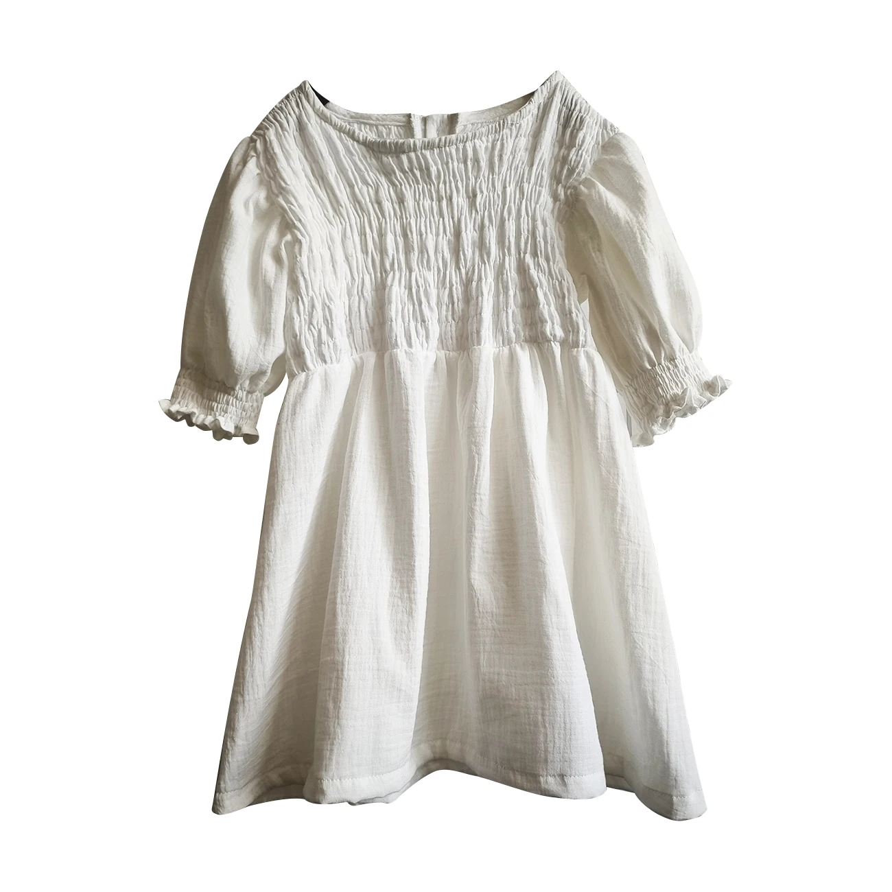 New Design Crepe Organic Cotton Summer Ruffle Shoulder Striped Button-Front Dress Baby Girl Dresses