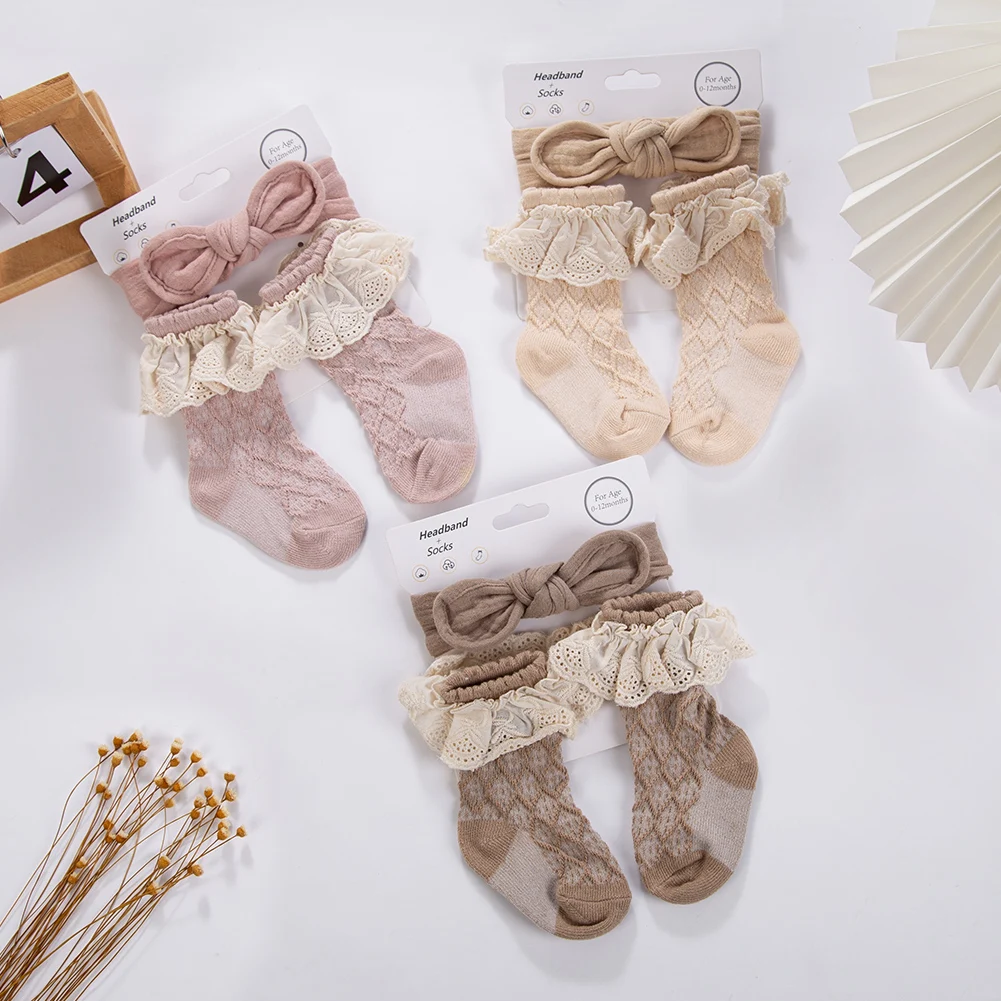 Весенне-осенняя хлопковая муслиновая повязка на голову с заячьими ушками и бантом винтажными кружевными хлопковыми носками до колен для девочек 0-12 м