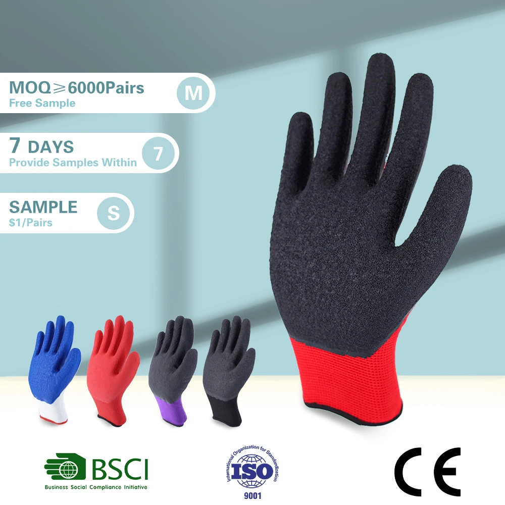 Factory Wholesale 13G red polyester Black Latex finish Construction Gloves Industrial Safety Latex Coated Work Gloves  for work