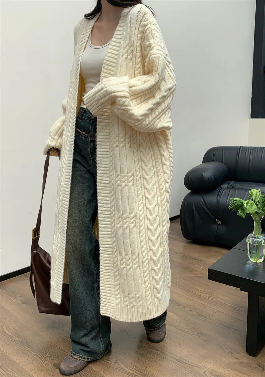 Long sweater cardigan women over knee loose lazy style retro thickened Fried Dough Twists knitting coat in autumn and winter