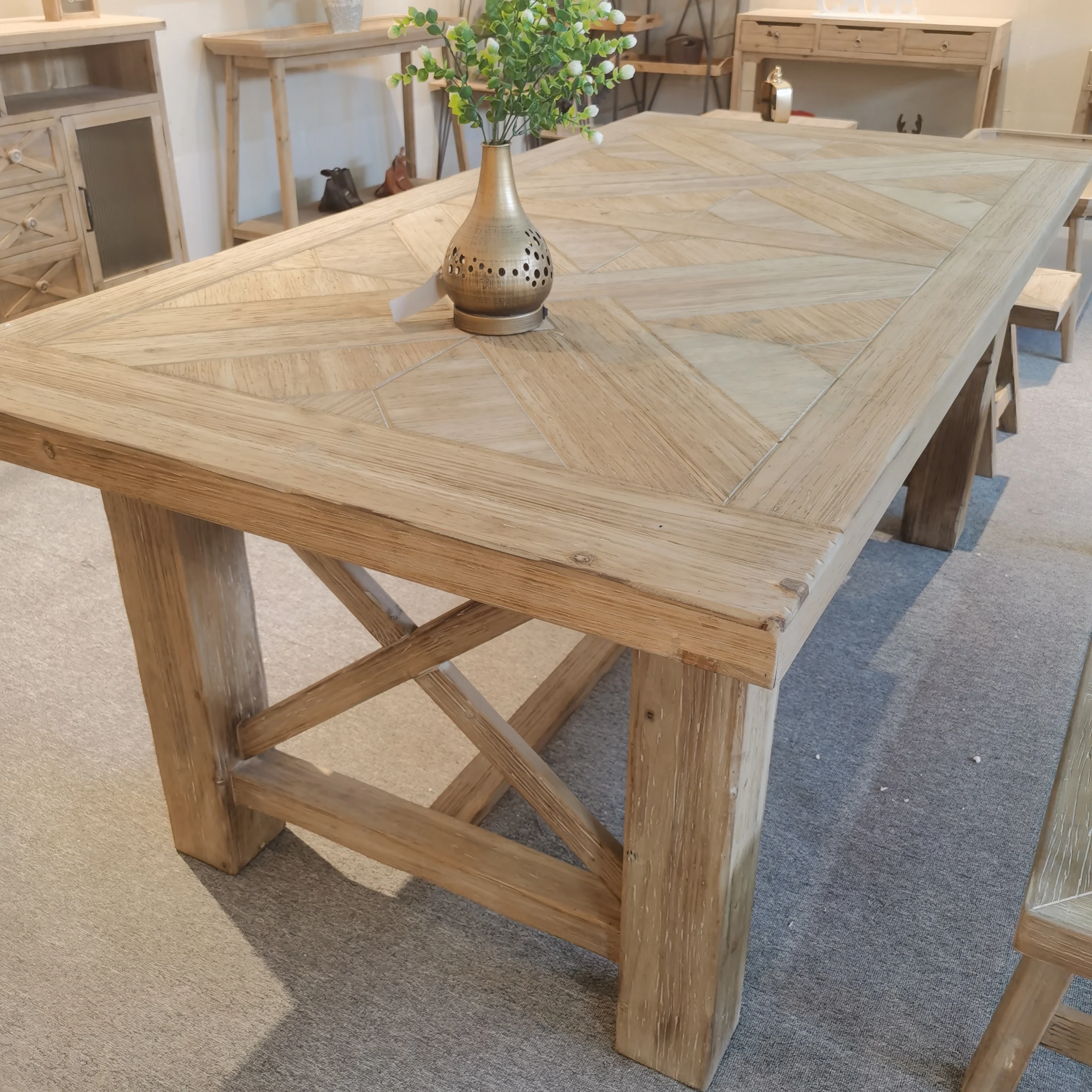 French country farmhouse home furniture rustic style rectangle recycled pine solid wood dining table