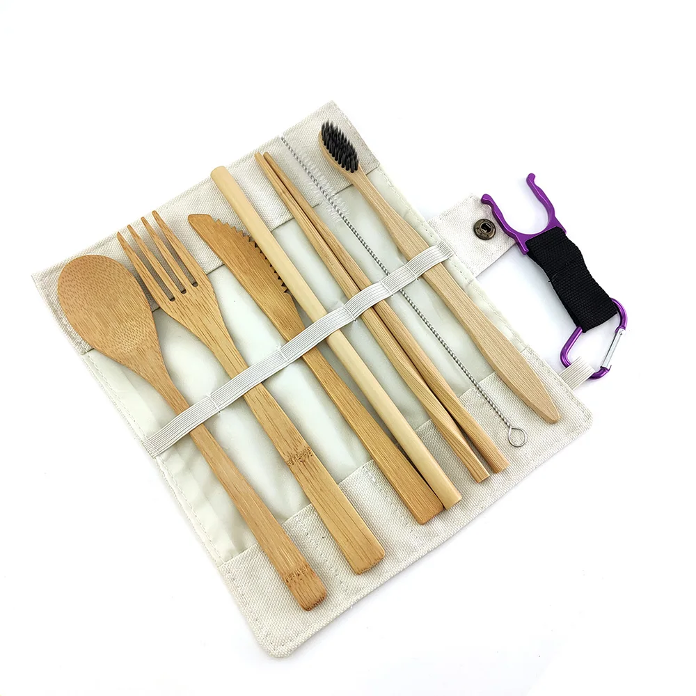 Bamboo dining utensil set knife/fork/spoon/Chopsticks/straw/brush/toothbrush travel cutlery set with custom bag