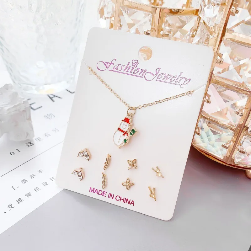 Christmas Jewelry Set Gift Pearl Crystal Christmas Santa Claus Snowflake Deer Star Snowman Necklace Earrings  Set for Kids Girls