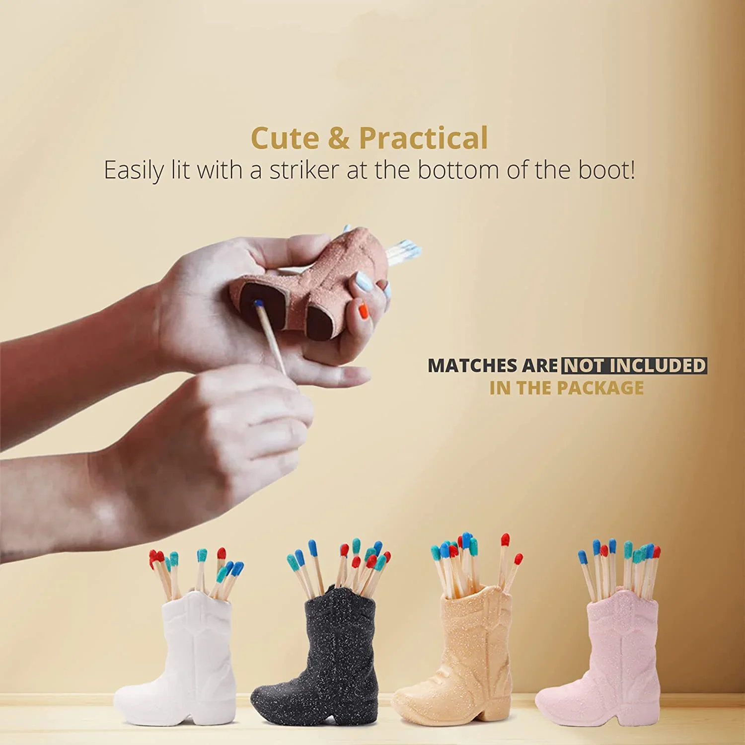 Cowboy Boot Match Holder for All Matches, Cute Home Decor Matchstick with Matches for Candles, Match Holder for Kitchen and B
