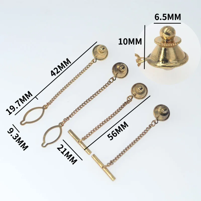 Metal Clutch Clasp Flat Fastener pin back brass tie tacks Locking Label Gold Plated Brass Flat Clutch Pin Backs With Chain
