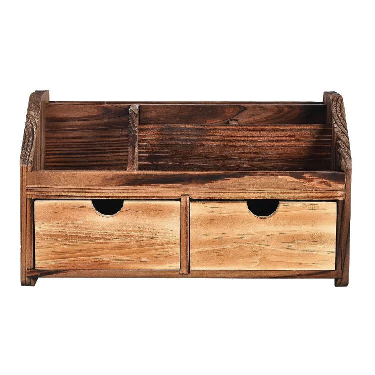 Rustic Torched Dark Brown Wood Desk Organizer Wooden Tabletop Stationery Holder 2 Drawers Storage Cabinet