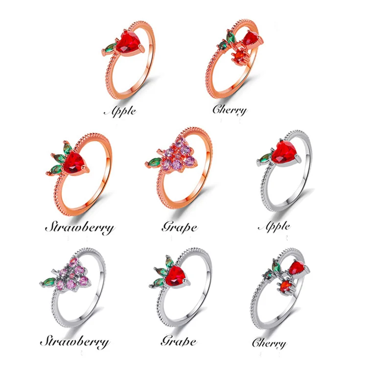 Милые ювелирные изделия для девочек, подарки, разноцветные циркониевые кольца на палец с фруктами, клубникой, виноградом, вишней для женщин (1600118093175)