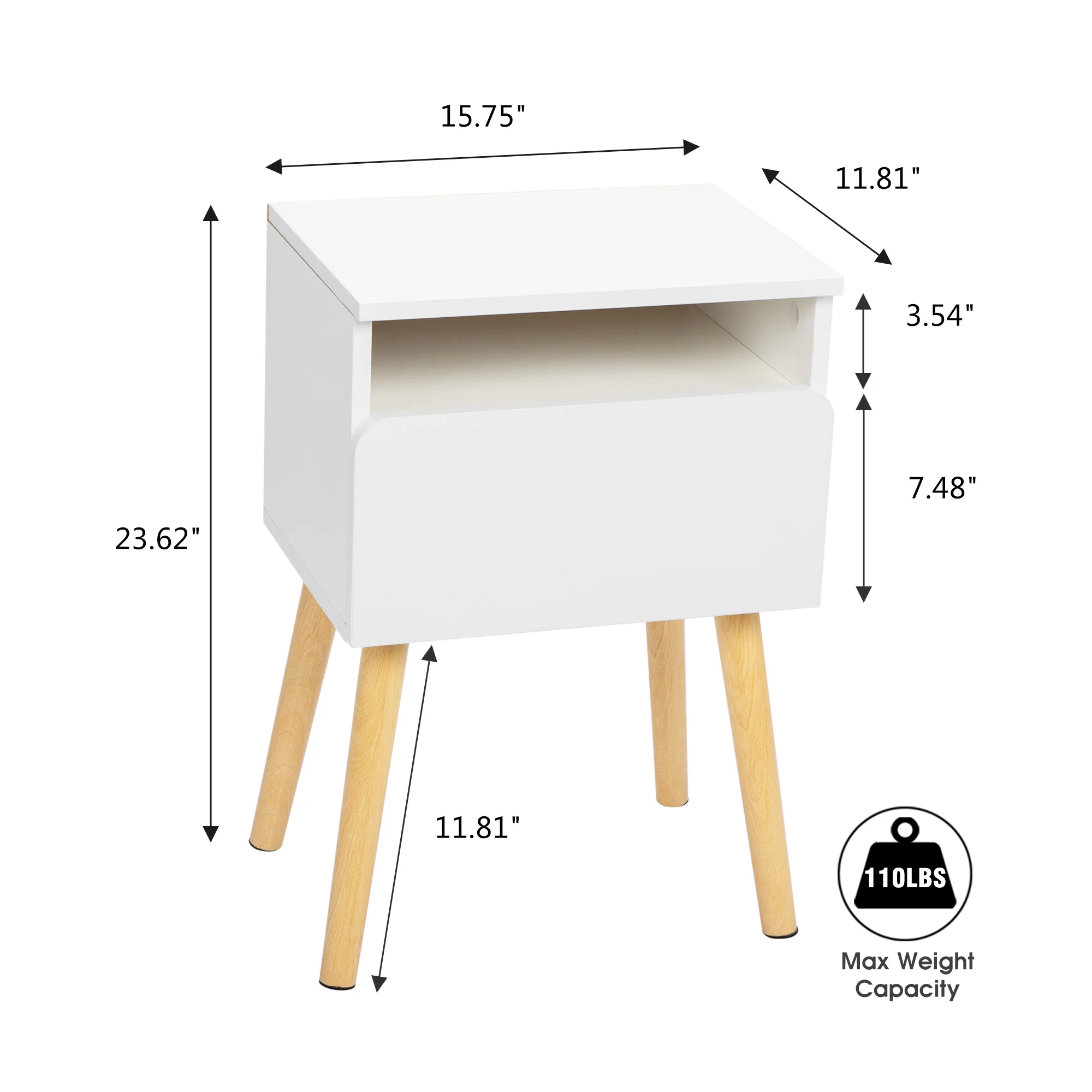 Oriental Style White Painting Paulownia Wood Modern Nightstand Bedside Table Cabinet Oak Open Storage Night Stand Narrow