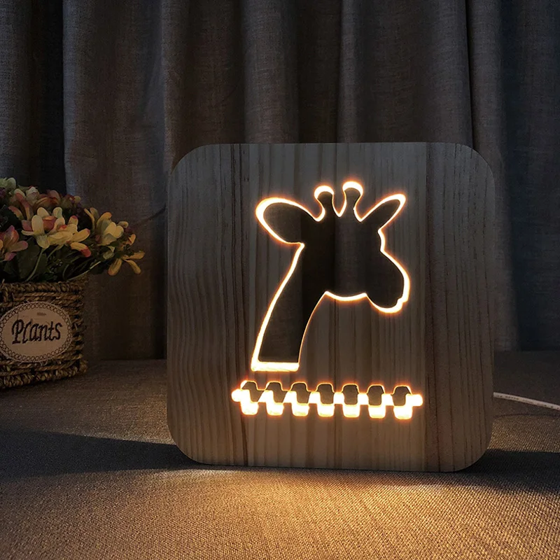 
Giraffe Head Night Light USB Creative Solid Wood 3D lamp Nordic Style Bedside lamp 