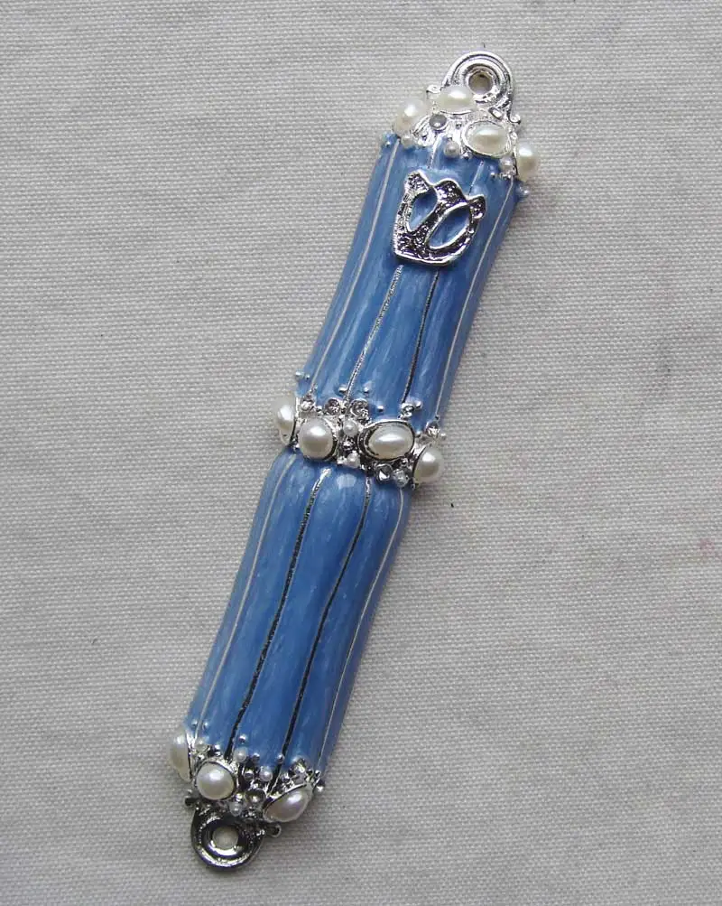 Shiny Silver White Hand Enameled And Pearls Jeweled Metal Zinc Alloy Jewish Scroll Mezuzah Case(P32016c)