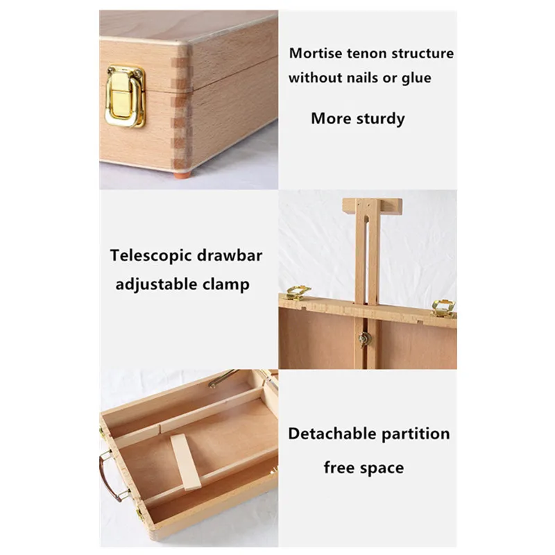 Art supply wood sketch box easel adjustable tabletop easel sketch box with divided storage compartment for painting