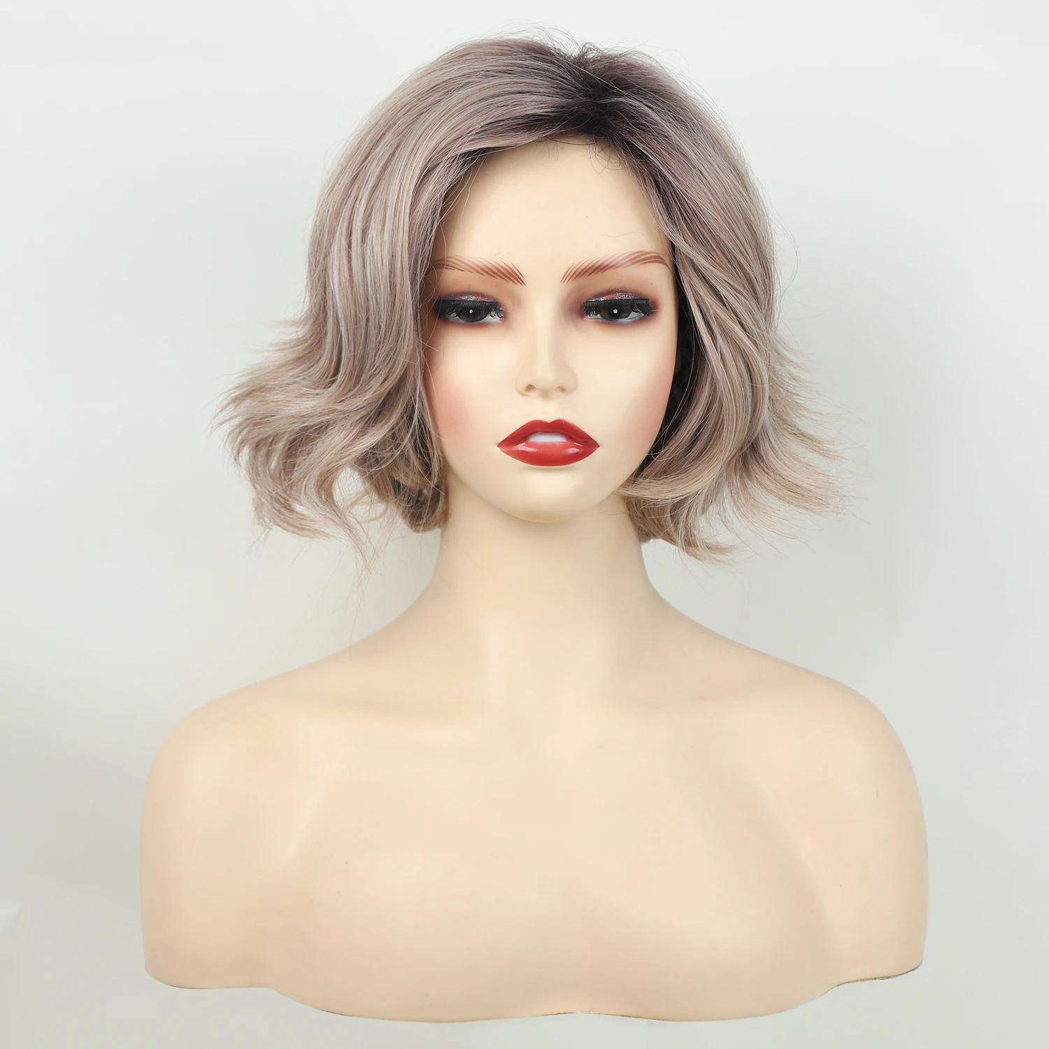 wholesale gray mixed blonde side part natural looking hair wig short wavy synthetic wigs