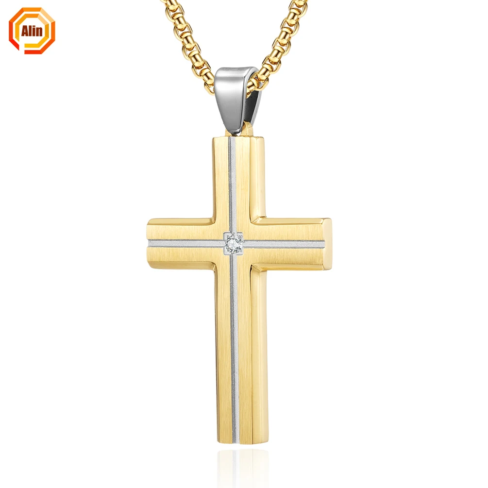 High Quality Black Brushed Cross Pendant Silver Grooved Cross With Stone Centre Stainless Steel Pendant For Men Necklace