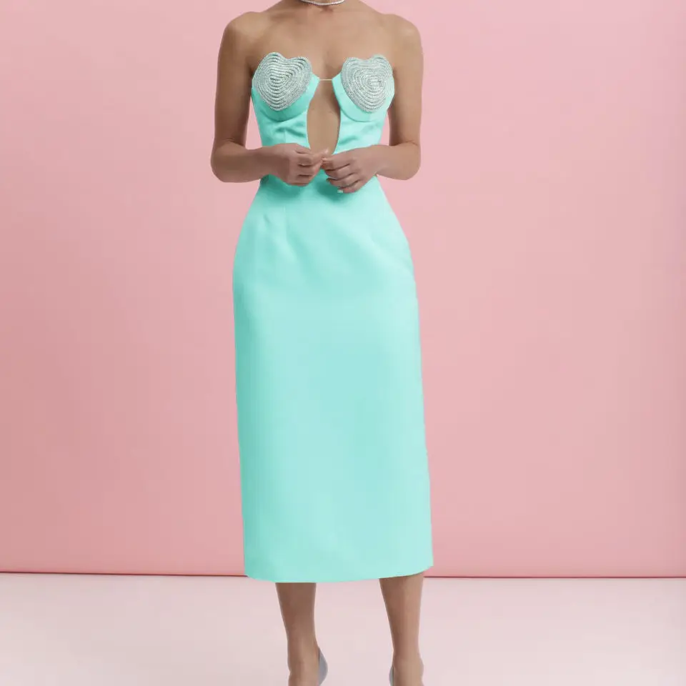 Women Elegant Handmade Crystal Beading Bandage Dress Party Strapless Midi Bodycon Dress