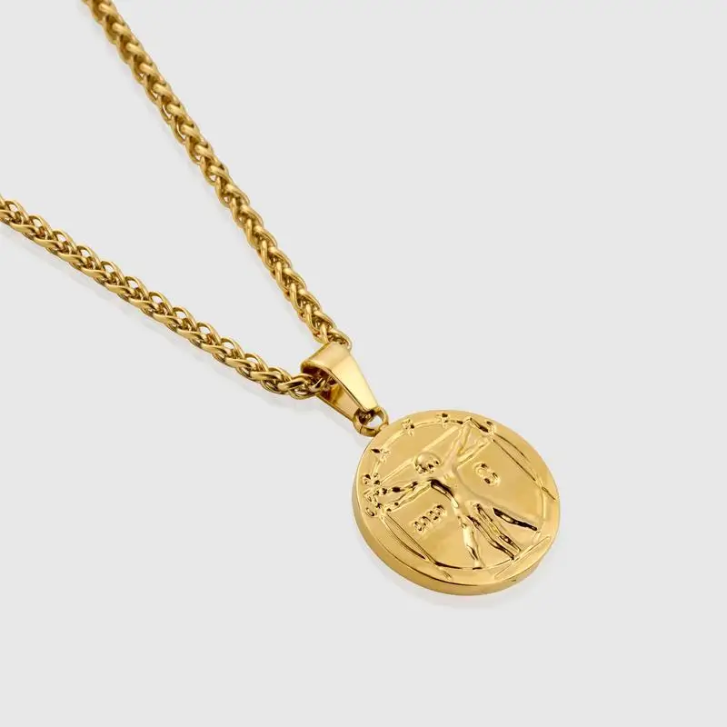 Stainless Steel Gold Jewelry Carved Zwilling Vitruvian Danity Golden Ratio Coin Jesus God Easter Necklace Pendant Men