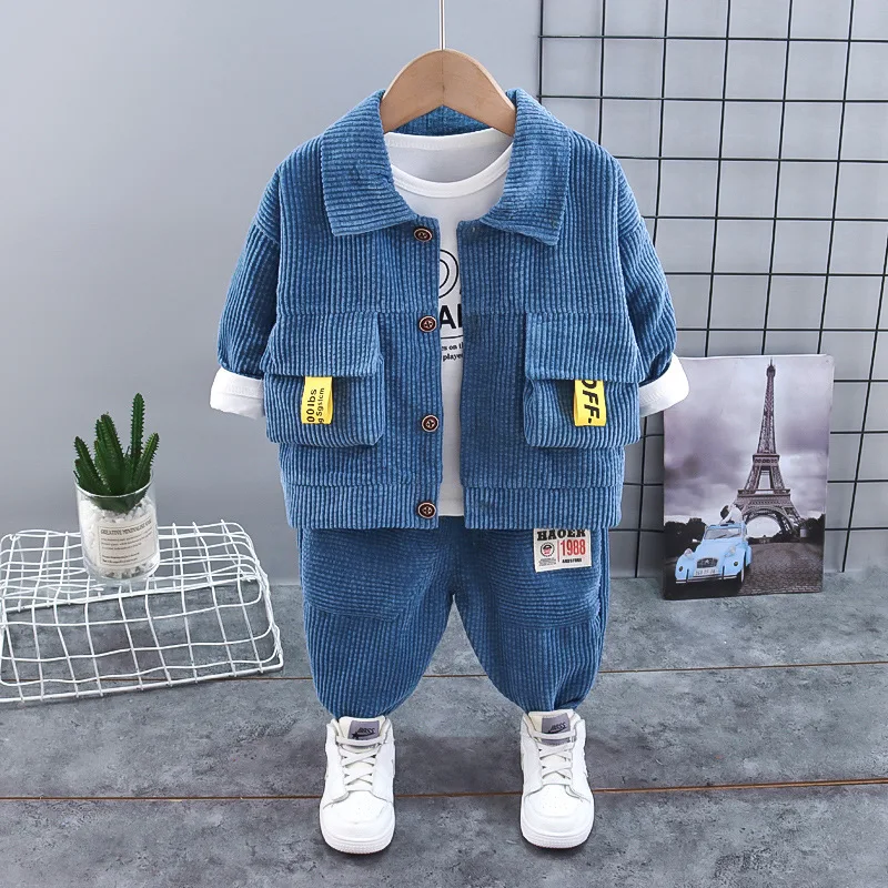 2023 AliExpress бутик детская одежда футболка с длинным рукавом куртка на пуговицах и штаны комплект из 3 предметов для малышей мальчиков