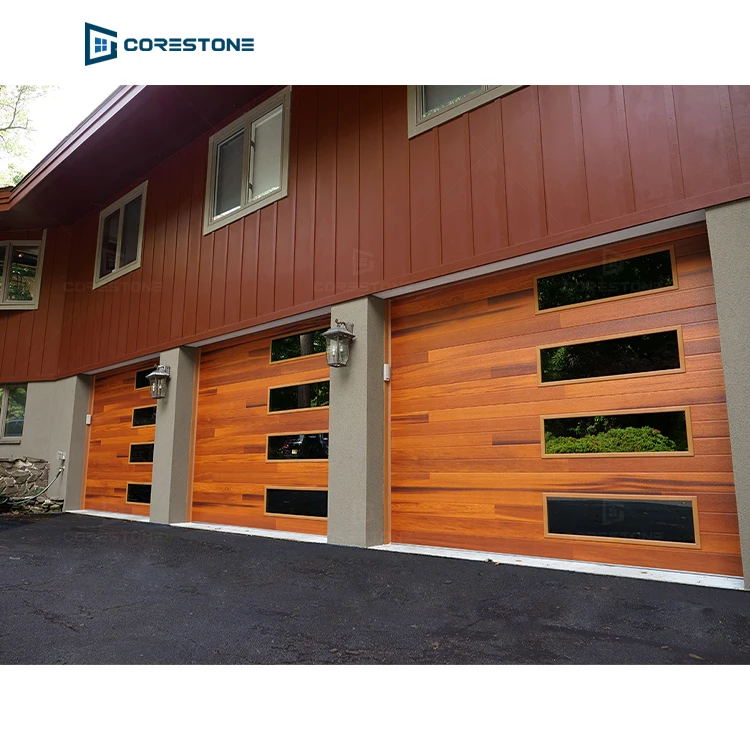 Custom Flush Panel Steel with a Natural Wood-Grain Texture Garage Door and Vertical Windows Contemporary Planks Garage Doors