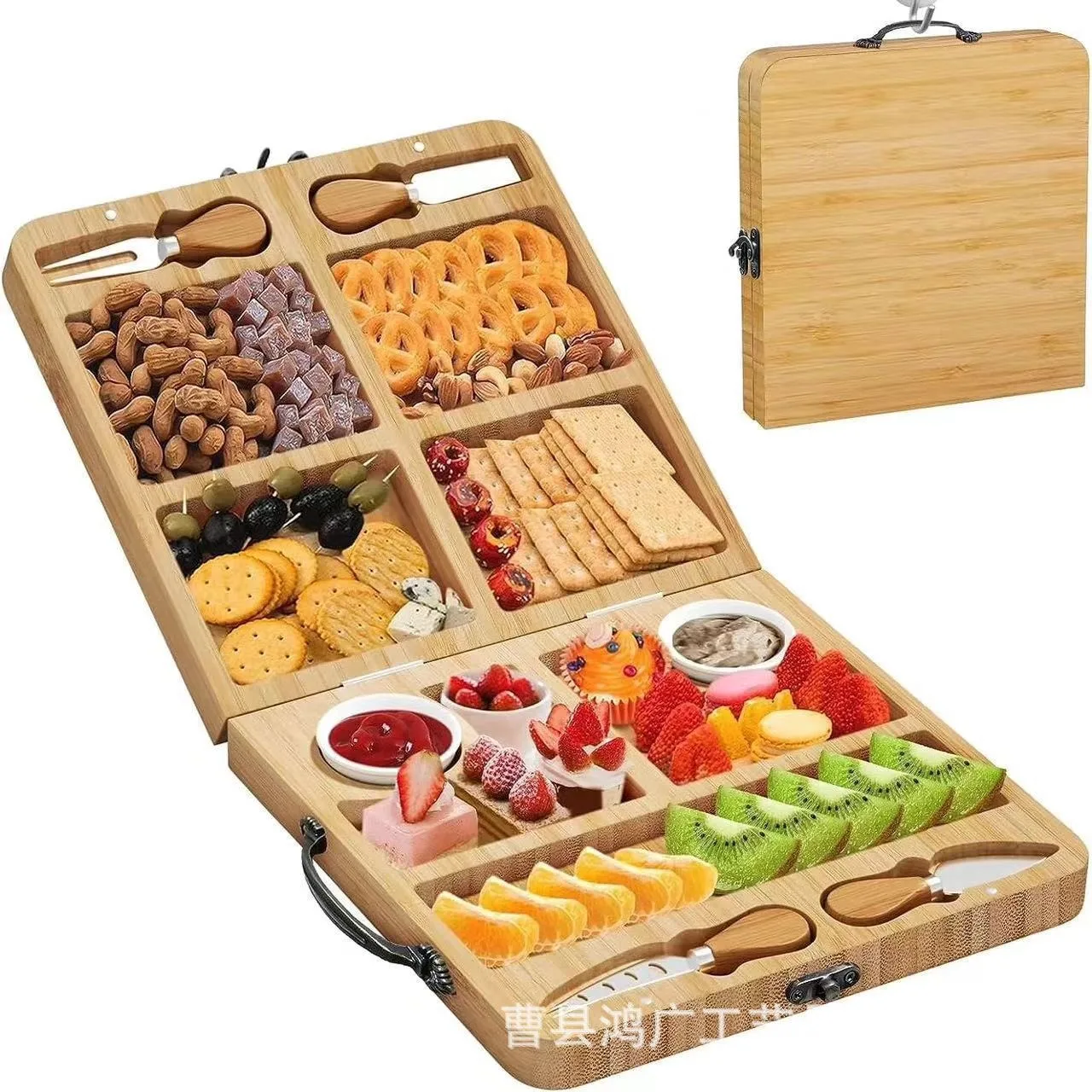 Portable Solid Wood Eco-friendly Board Set for Chopping Fruit Bread Cheese Nuts Folding Design for Snacks and Deli Use